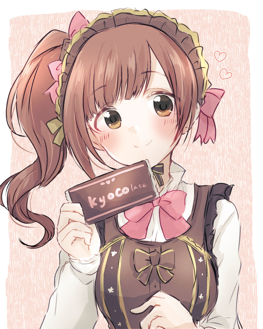 1girl baran._(ba_ra_ran) blush bow bowtie breasts brown_background brown_eyes brown_hair brown_headdress brown_vest candy character_name chocolate chocolate_bar closed_mouth collared_shirt food heart highres holding holding_chocolate holding_food idolmaster idolmaster_cinderella_girls igarashi_kyoko long_hair long_sleeves looking_at_viewer maid_headdress medium_breasts pink_bow pink_bowtie pun shirt side_ponytail sidelocks smile solo split_mouth upper_body vest white_shirt