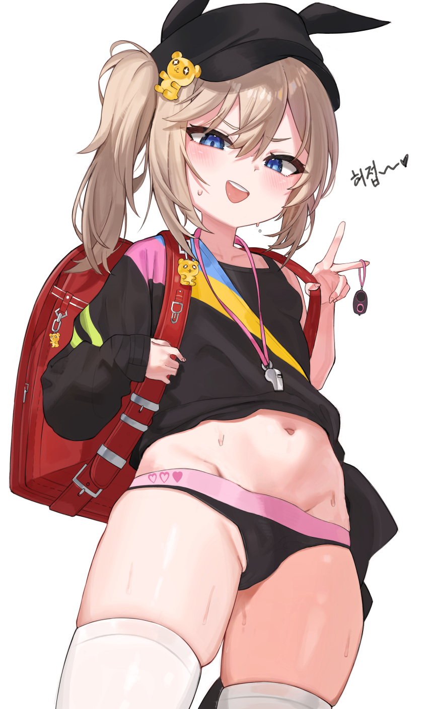 1girl absurdres backpack bag bag_charm black_hat black_panties black_survival blue_eyes blush breasts charm_(object) dasi_(kwts3227) english_commentary eternal_return:_black_survival hair_between_eyes hair_ornament hat heart highres korean_text leni_(black_survival) light_brown_hair long_hair looking_at_viewer navel open_mouth panties randoseru side_ponytail simple_background small_breasts solo sweat teeth thighhighs translation_request underwear upper_teeth_only v whistle whistle_around_neck white_background white_thighhighs