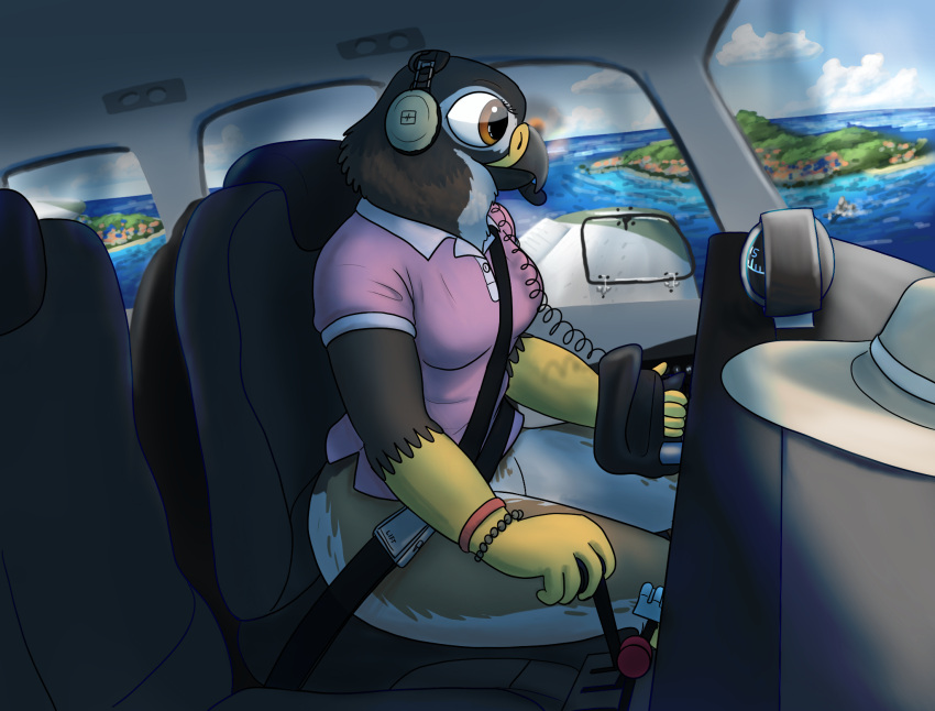 accipitrid accipitriform aircraft airplane anthro avian bird bottomless bottomless_anthro bottomless_female buteo butt clothed clothing exhibitionism female fish_birb flying hi_res holly_(fish_birb) inside pilot pink_clothing pink_shirt pink_topwear polo_shirt pose shirt short_sleeves solo swainson's_hawk topwear vehicle