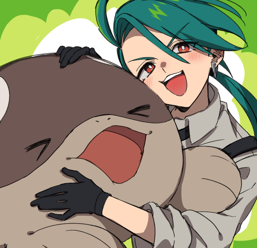 &gt;o&lt; 1girl :d ahoge aqua_hair black_gloves blush bright_pupils cheek_squash clodsire closed_eyes collared_shirt ear_piercing gloves green_background grey_shirt highres looking_at_viewer low_ponytail open_mouth piercing pokemon pokemon_(creature) pokemon_sv ponytail red_eyes rika_(pokemon) shirt simple_background smile suspenders swept_bangs tomato_0429 upper_body white_pupils