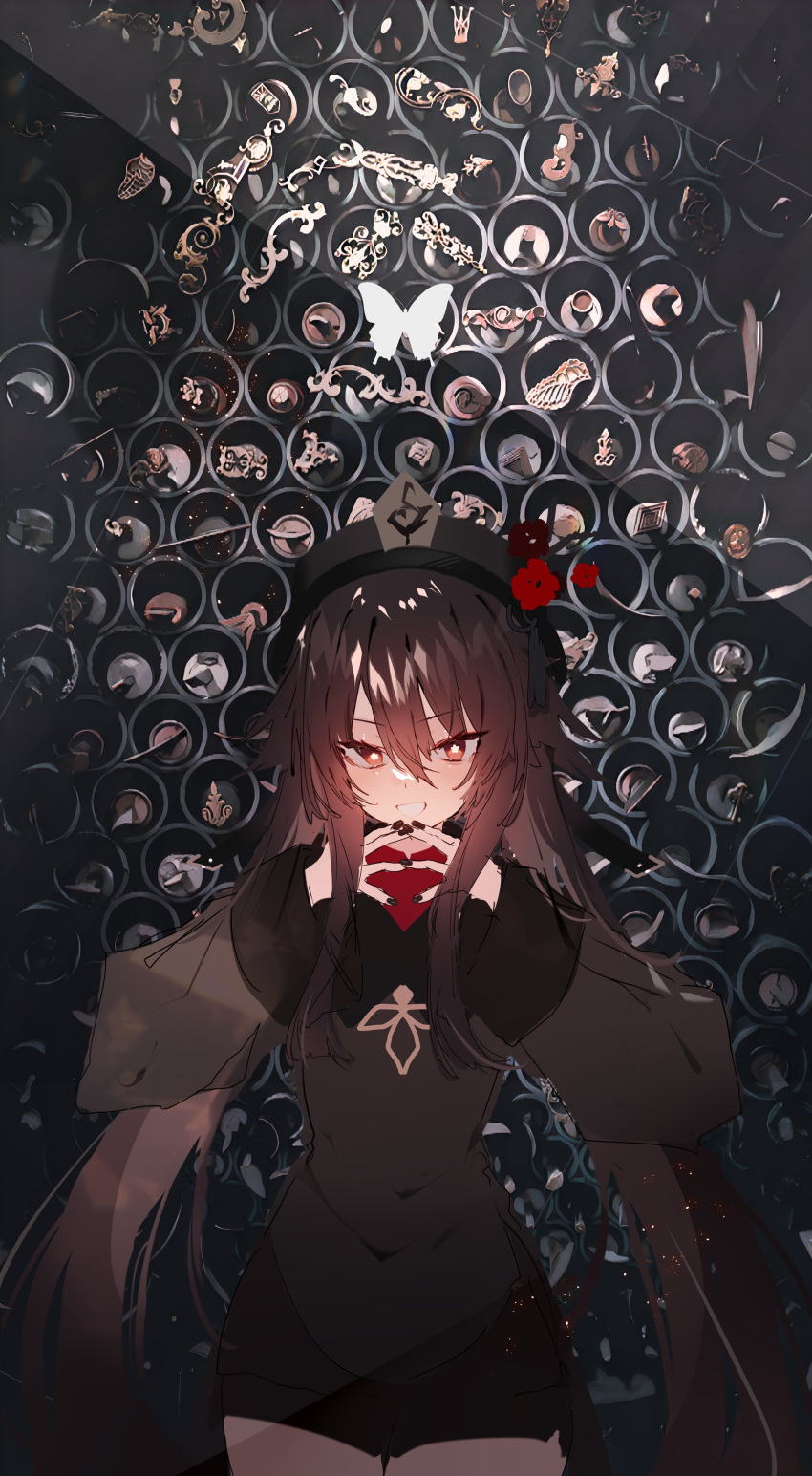 1girl absurdres black_coat black_nails blush brown_eyes brown_hair bug butterfly coat flower flower-shaped_pupils genshin_impact hat hat_flower highres hu_tao_(genshin_impact) long_hair long_sleeves looking_at_viewer plum_blossoms porkpie_hat solo soukou_makura steepled_fingers symbol-shaped_pupils white_butterfly wide_sleeves