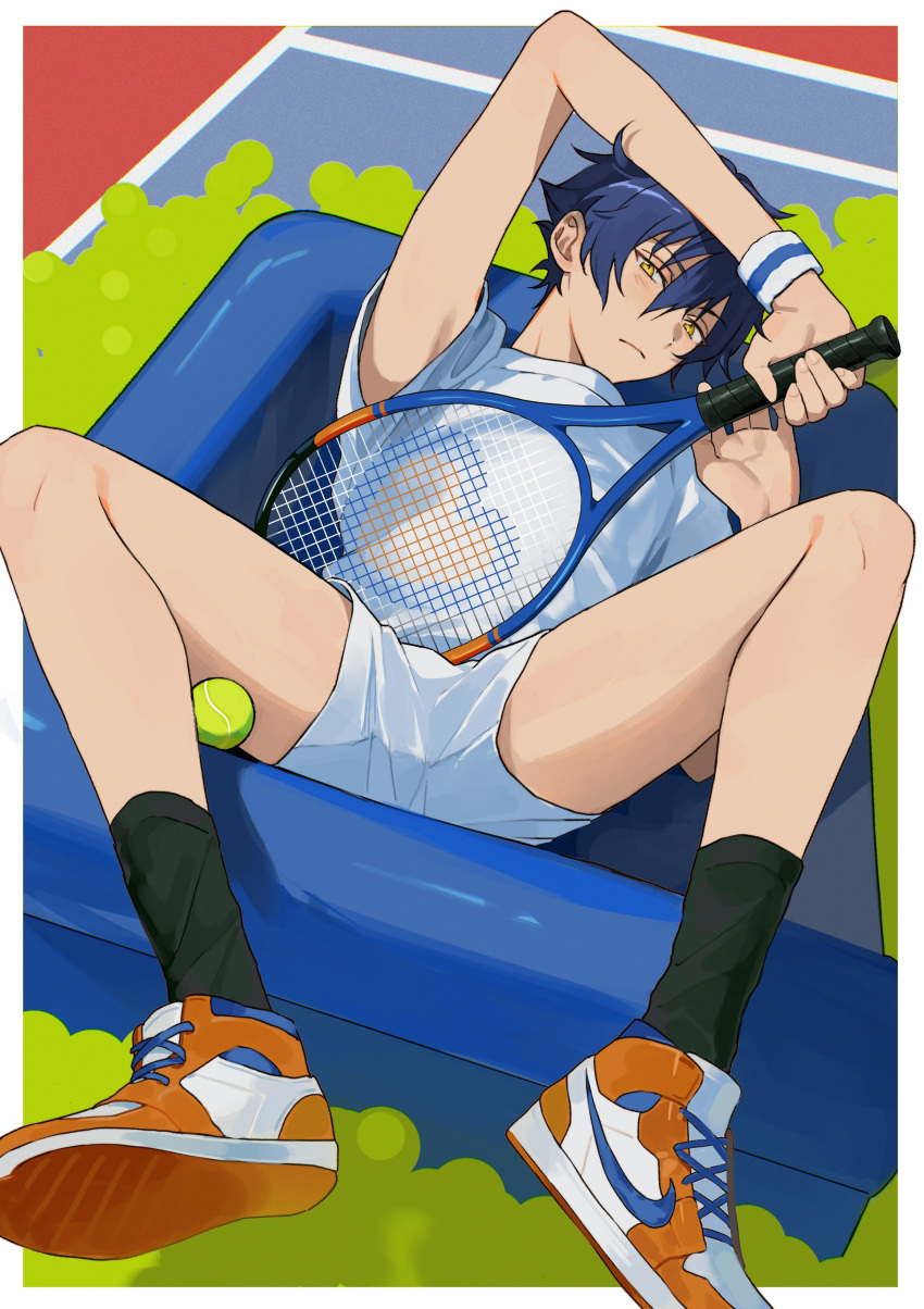 1boy absurdres arm_on_own_head arm_up armpit_peek ball black_socks blue_hair blush closed_mouth commentary ensemble_stars! from_above full_body head_tilt highres holding holding_racket knees_up korean_commentary legs looking_at_viewer lying male_focus on_back orange_footwear racket sarara_rarara sazanami_jun shirt short_hair short_sleeves shorts shy socks solo spread_legs striped_wristband tennis_ball tennis_racket white_shirt white_shorts white_wristband yellow_eyes