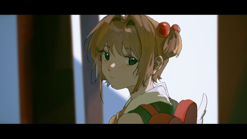 1girl absurdres backpack bag brown_hair cardcaptor_sakura chinese_commentary commentary_request expressionless green_eyes hair_bobbles hair_ornament heart-shaped_bag highres indoors kinomoto_sakura letterboxed ling5707 looking_at_viewer short_hair solo two_side_up upper_body