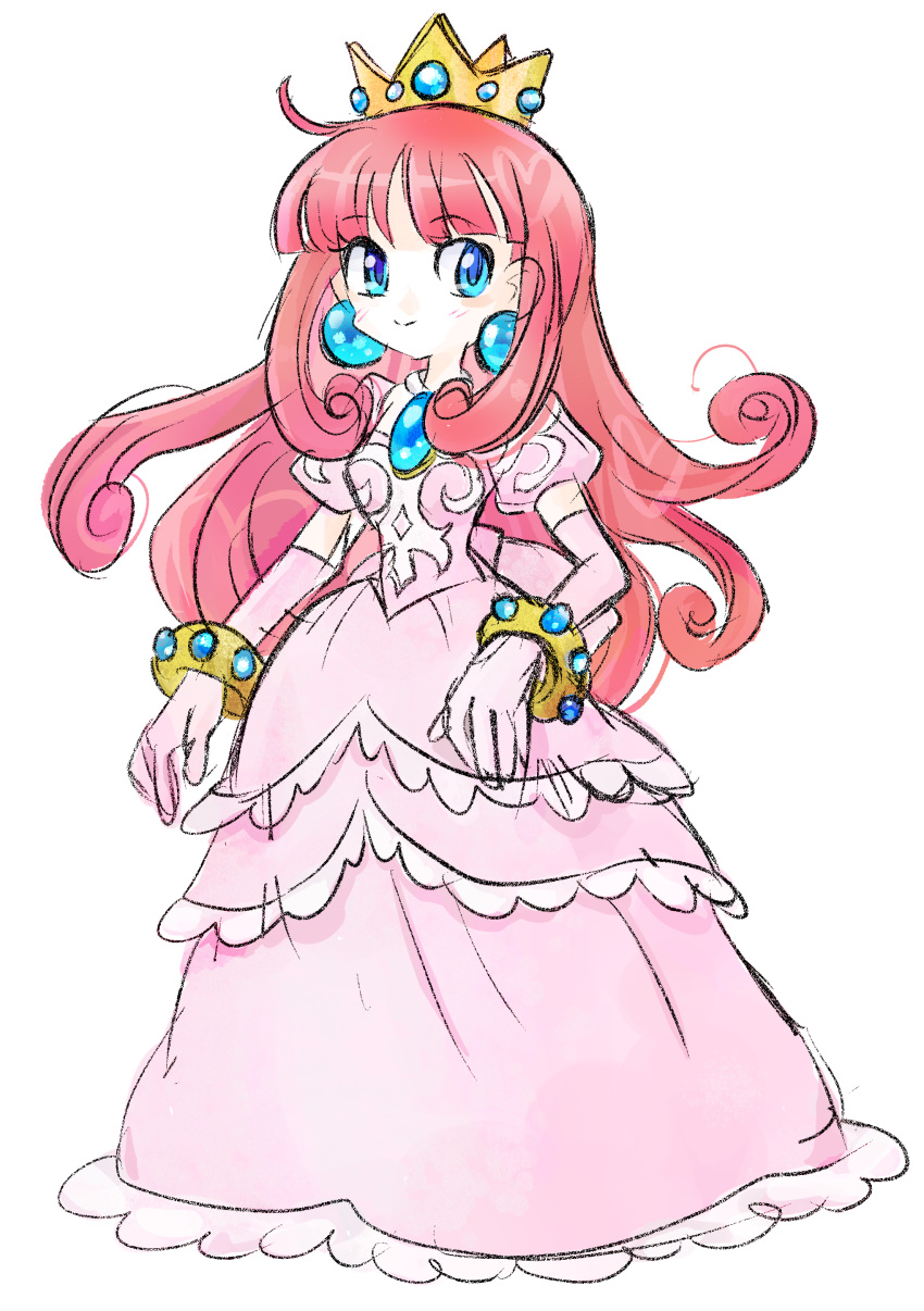 1girl absurdres blue_eyes bracelet crown dress earrings gold_bracelet highres jewelry long_hair pink_dress princess_shokora puffy_short_sleeves puffy_sleeves rakugaki_shitagari-ya red_hair short_sleeves simple_background smile sphere_earrings wario_land wario_land_4 white_background