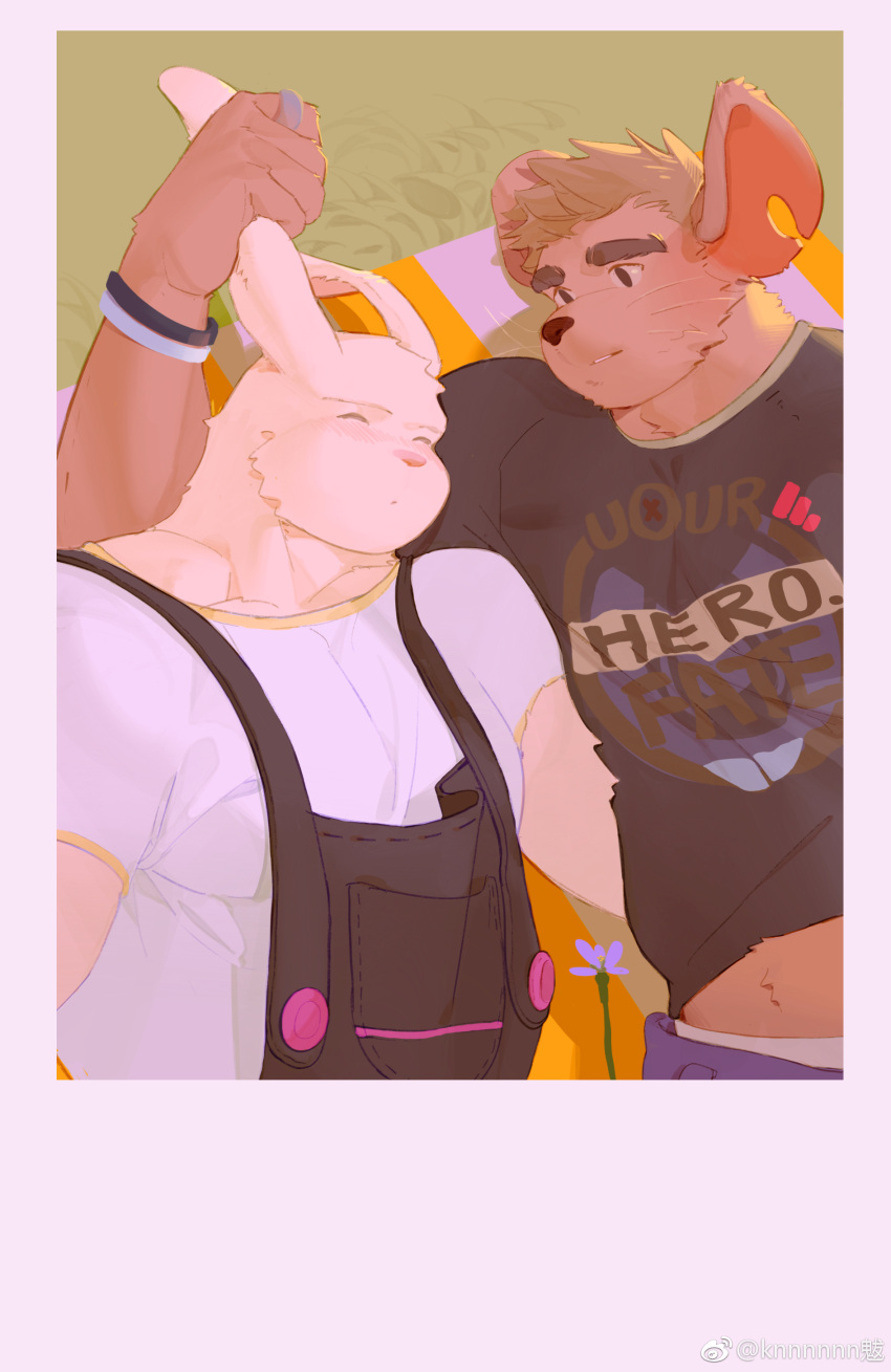 2boys absurdres animal_ears bara blush borrowed_character brown_fur clothes_writing couple from_above furry furry_male furry_with_furry grabbing_another's_ear hand_on_another's_ear highres huge_eyebrows human_(uleez) kn_(10112650) large_pectorals light_smile male_focus midriff_peek mouse_boy multiple_boys muscular muscular_male notched_ear original overalls parted_lips pectorals rabbit_boy rabbit_boy_(uleez) rabbit_ears shirt short_hair sleeping t-shirt thick_neck whiskers yaoi