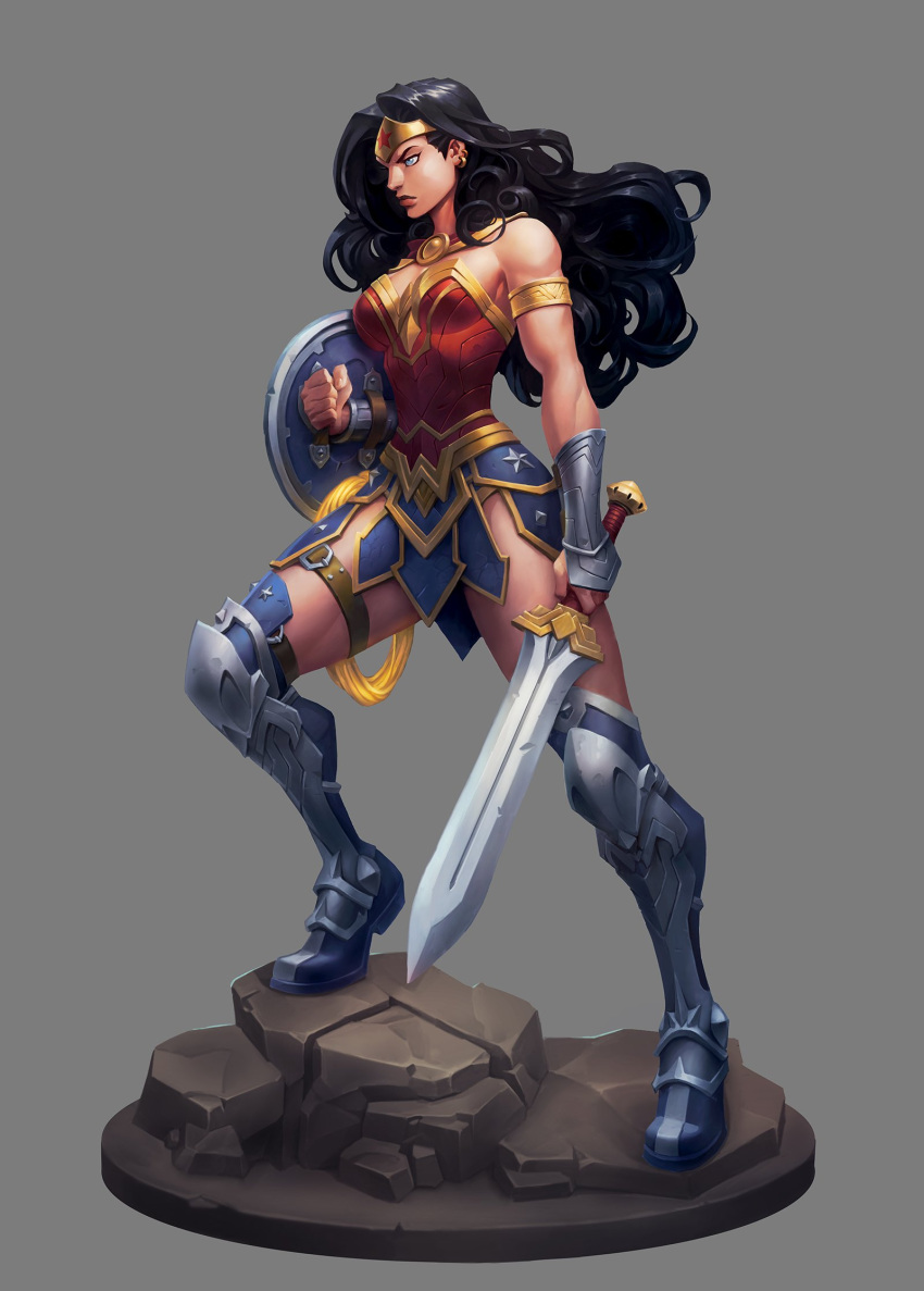 1girl armlet armored_boots black_hair blue_eyes boots circlet dc_comics full_body gold_armlet grey_background highres holding holding_shield holding_sword holding_weapon joe_madureira long_hair rock shield simple_background solo standing sword vambraces weapon wonder_woman