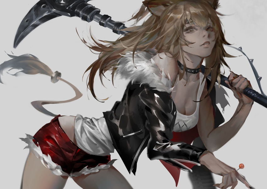 1girl 52976 animal_ears arknights bent_over black_jacket blonde_hair breasts brown_hair candy choker cleavage cutoffs fingernails food fur-trimmed_jacket fur-trimmed_shorts fur_trim hair_between_eyes hand_up holding holding_candy holding_food holding_lollipop holding_scythe holding_weapon jacket lion_ears lion_girl lion_tail lips lollipop long_hair long_sleeves looking_at_viewer medium_breasts multicolored_hair nail_polish open_clothes open_jacket over_shoulder parted_lips red_shorts scythe shirt short_shorts shorts siege_(arknights) simple_background sleeveless sleeveless_shirt solo studded_choker tail weapon weapon_over_shoulder white_background