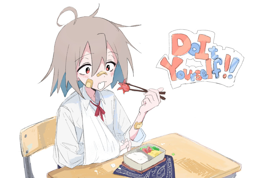 1girl ahoge arm_sling bandaid bandaid_on_arm bandaid_on_cheek bandaid_on_face bandaid_on_nose bento blue_hair blush bpqd broken_arm brown_hair cast chair chopsticks collared_shirt colored_inner_hair desk do_it_yourself!! eating fang food food_art hair_between_eyes hand_up highres holding holding_chopsticks looking_at_food multicolored_hair neck_ribbon open_mouth red_eyes red_ribbon ribbon school_chair school_desk school_uniform shirt simple_background sitting skin_fang sleeve_rolled_up solo tako-san_wiener upper_body white_background white_shirt yua_serufu