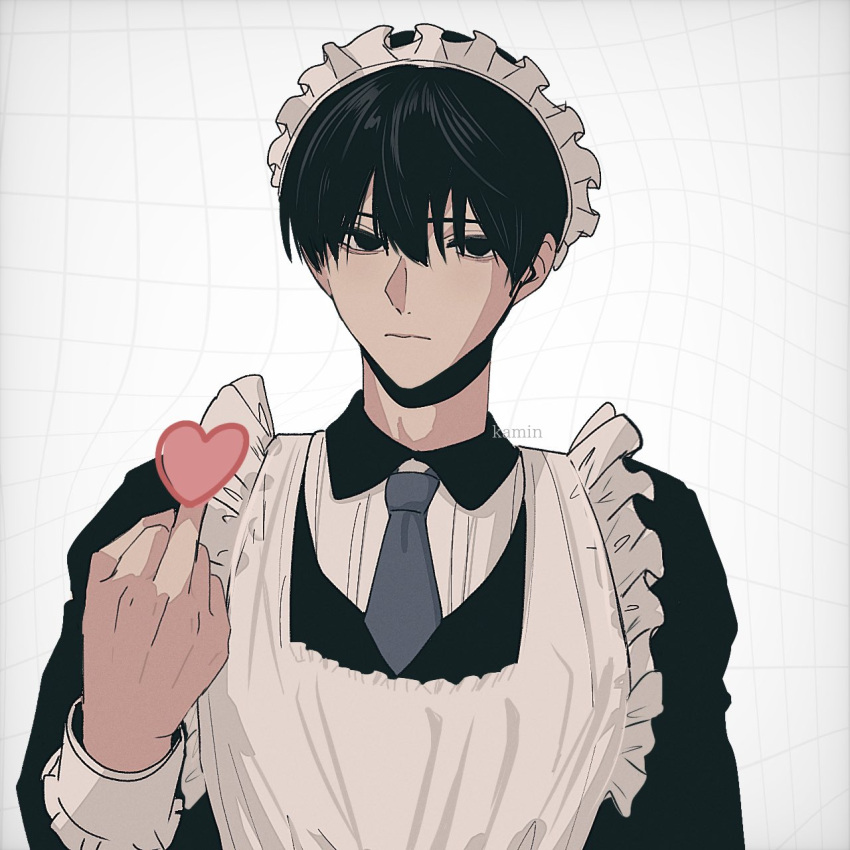 1boy apron black_eyes black_hair black_shirt blue_necktie closed_mouth collared_shirt crossdressing expressionless frills grid_background hand_up heart highres long_sleeves looking_at_viewer maid maid_apron maid_headdress male_focus male_maid middle_finger necktie original shirt short_hair si_lkskin solo upper_body white_background