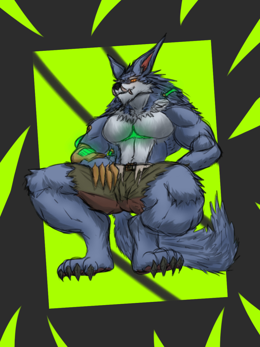 anthro bottomwear canid canine canis clothing f4rk4sh full-length_portrait hi_res league_of_legends male mammal muscular mythological_canine mythological_creature mythology pecs portrait riot_games shirtless shorts sitting solo tencent warwick_(lol) were werecanid werecanine werewolf wolf