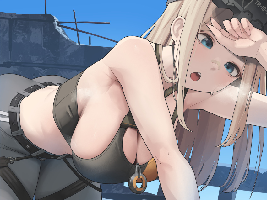 1girl absurdres armpits bandaid bandaid_on_face bandaid_on_nose bare_shoulders belt bikini blonde_hair blue_eyes blue_sky blush breasts centi_(nikke) cleavage day gloomyowl goddess_of_victory:_nikke grey_pants hand_on_forehead hanging_breasts hard_hat helmet highres large_breasts long_hair looking_at_viewer navel open_mouth outdoors pants sky solo sweat swimsuit teeth tight_clothes tight_pants underwear