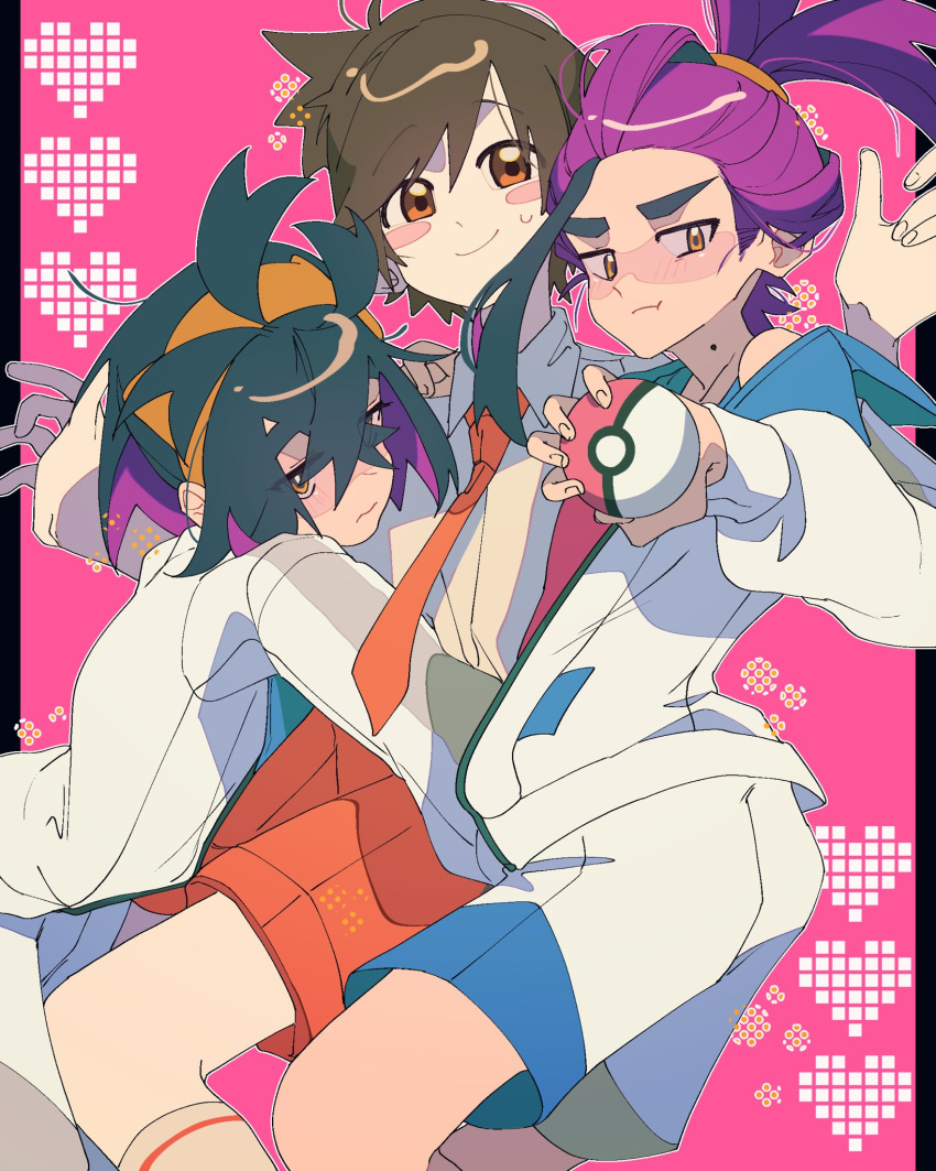 3boys 7_4_noumiso :t black_hair blush_stickers brown_hair clone closed_mouth collared_shirt crossed_bangs dual_persona florian_(pokemon) heart highres holding holding_poke_ball jacket kieran_(pokemon) kneehighs long_sleeves looking_at_viewer male_focus mole mole_on_neck multicolored_hair multiple_boys naranja_academy_school_uniform necktie orange_eyes orange_jacket orange_necktie poke_ball poke_ball_(basic) pokemon pokemon_sv purple_hair school_uniform shirt shorts simple_background socks sweat white_jacket white_shirt