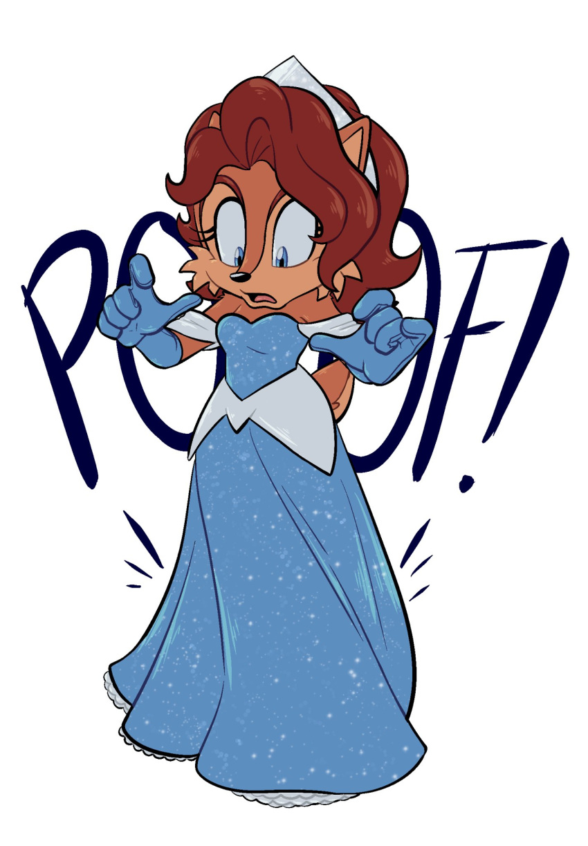 1girl alternate_costume animal_ears blue_dress blue_eyes blue_gloves brown_fur brown_hair dress elbow_gloves full_body furry furry_female gloves highres jadepesky long_dress long_hair looking_down open_mouth sally_acorn simple_background solo sonic_(series) sound_effects tiara white_background