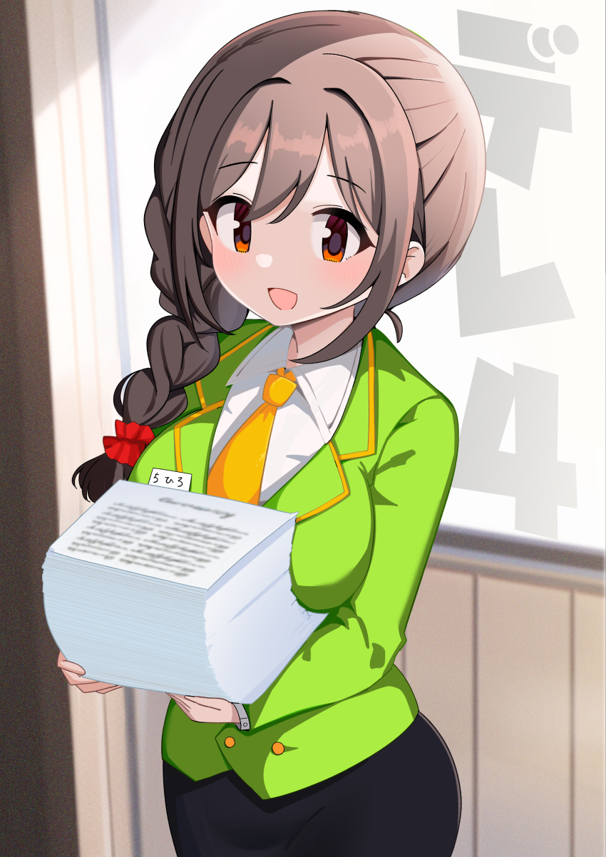 1girl absurdres biba_eichi black_skirt blush braid breasts brown_eyes brown_hair comic_cover formal green_jacket hair_ornament hair_over_shoulder hair_scrunchie highres holding holding_paper idolmaster idolmaster_cinderella_girls idolmaster_cinderella_girls_starlight_stage indoors jacket long_hair long_sleeves looking_at_viewer medium_breasts name_tag necktie open_mouth paper pencil_skirt red_ribbon red_scrunchie ribbon scrunchie senkawa_chihiro shirt single_braid skirt smile solo white_shirt window yellow_necktie