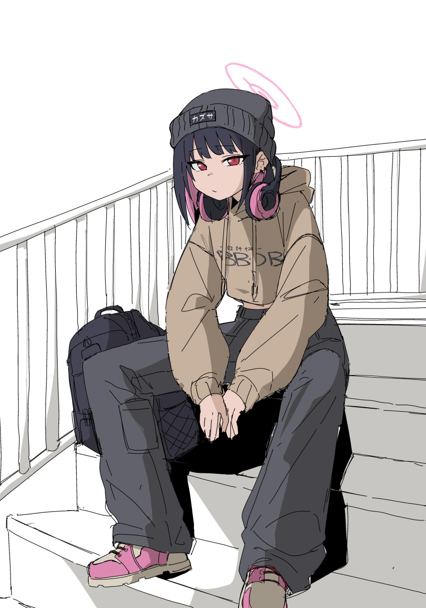 1girl absurdres backpack bag beanie black_hair black_hat black_pants blue_archive brown_hoodie closed_mouth clothes_writing cropped_hoodie full_body ggaebchun halo hat headphones headphones_around_neck highres hood hood_down hoodie kazusa_(blue_archive) long_sleeves looking_at_viewer pants pink_hair railing red_eyes shoes short_hair simple_background sitting sketch sneakers solo