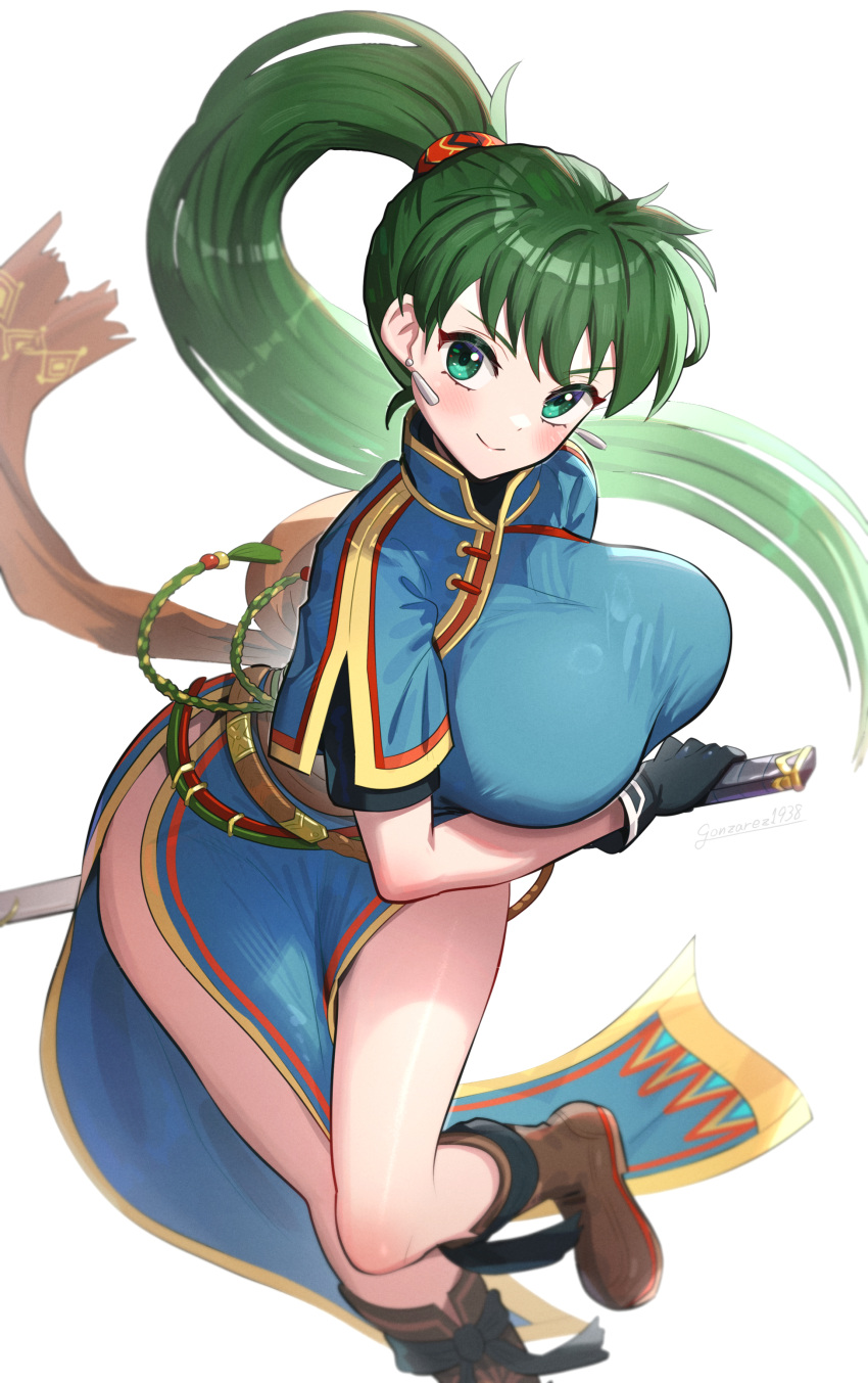 1girl absurdres artist_name blush boots breasts closed_mouth commentary_request dress earrings fingerless_gloves fire_emblem fire_emblem:_the_blazing_blade gloves gonzarez green_eyes grey_hair high_ponytail highres holding jewelry knee_boots large_breasts lips long_hair looking_at_viewer lyn_(fire_emblem) ponytail sheath sheathed shiny_skin short_sleeves signature simple_background smile solo sword thighs weapon