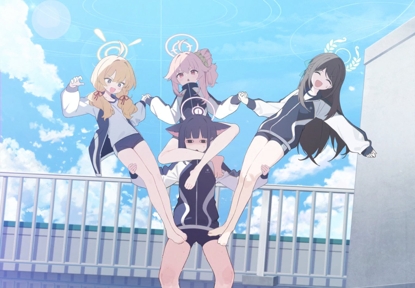 4girls :d ^_^ acrobatics after-school_sweets_club_(blue_archive) airi_(band)_(blue_archive) airi_(blue_archive) alternate_costume animal_ears backlighting bare_legs barefoot black_hair black_shorts blonde_hair blue_archive blue_sky blunt_bangs blurry bob_cut carrying cat_ears cat_girl closed_eyes cloud cloudy_sky commentary_request depth_of_field extra_ears fence forehead full_body grey_eyes gym_shirt gym_shorts gym_uniform hair_between_eyes hair_ornament hair_scrunchie hairclip halo holding_another's_leg holding_hands indian_style jacket kazusa_(blue_archive) long_hair long_sleeves low_twintails multicolored_clothes multicolored_jacket multiple_girls myeolchi natsu_(band)_(blue_archive) natsu_(blue_archive) official_alternate_hairstyle open_clothes open_jacket outdoors parted_bangs piggyback pink_hair red_eyes scrunchie shirt short_hair short_shorts shorts side_ponytail sidelocks sitting sky smile standing_on_person sweatdrop toes track_jacket twintails two-tone_jacket yoshimi_(band)_(blue_archive) yoshimi_(blue_archive)