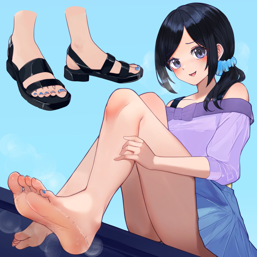 1girl bare_legs barefoot black_footwear black_hair blue_background blue_nails blue_skirt blush eyelashes feet foot_focus grey_eyes hair_ornament hair_scrunchie healin'_good_precure highres knees_up long_hair long_sleeves looking_at_viewer lumina414 miniskirt nail_polish open_mouth pleated_skirt ponytail precure purple_shirt sandals sawaizumi_chiyu scrunchie shirt sidelocks simple_background single_bare_shoulder sitting skirt smell soles solo steaming_body thighs toenail_polish toenails toes