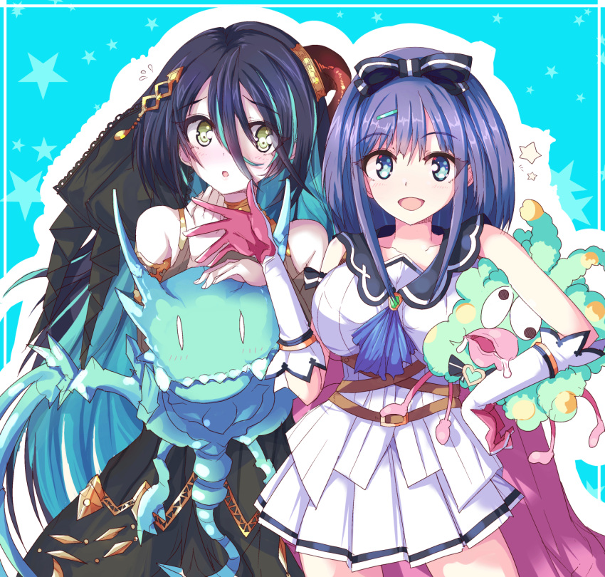 2girls :d :o aqua_hair ascot belt black_bow black_dress black_hair black_hairband black_ribbon black_sailor_collar blue_ascot blue_background blue_eyes blush bow bow_hairband breasts brown_belt collarbone colored_inner_hair commentary detached_sleeves doll dress elbow_gloves flying_sweatdrops gloves green_eyes grey_sleeves hair_between_eyes hair_ornament hair_ribbon hairband hairclip hand_up highres holding holding_doll horns large_breasts long_hair long_hair_between_eyes looking_at_another looking_at_viewer medium_hair miniskirt misora_(princess_connect!) multicolored_hair multiple_girls open_mouth pleated_skirt princess_connect! purple_hair ranpha_(princess_connect!) red_gloves red_horns ribbon sailor_collar sailor_shirt shirt single_horn skirt skirt_set smile starry_background striped_bow two-tone_hair underbust very_long_hair white_gloves white_shirt white_skirt yamada_(hvcij)