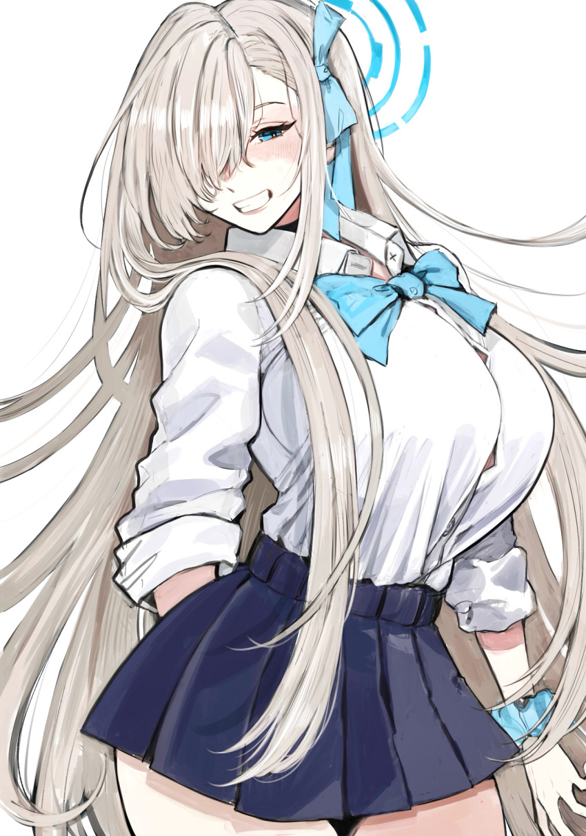 1girl :d arm_at_side arm_behind_back asuna_(blue_archive) asymmetrical_bangs black_skirt blue_archive blue_bow blue_bowtie blue_eyes blue_halo blue_ribbon blue_scrunchie blush bow bowtie breasts button_gap collared_shirt commentary cowboy_shot dareka_shira grin hair_over_one_eye hair_ribbon half-closed_eyes halo high-waist_skirt highres huge_breasts light_brown_hair long_hair long_sleeves looking_at_viewer miniskirt one_eye_covered pleated_skirt ribbon school_uniform scrunchie shirt sidelocks simple_background skirt sleeves_pushed_up smile solo standing very_long_hair white_background white_shirt wrist_scrunchie