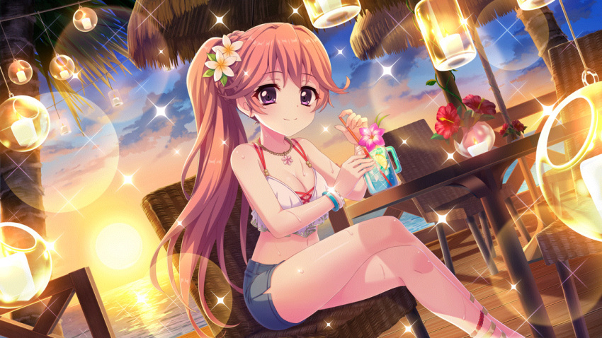 1girl bikini bikini_top_only blue_bracelet blue_shorts braid breasts candle chair cleavage closed_mouth crossed_legs crown_braid cup denim denim_shorts dot_nose drinking_straw dutch_angle evening film_grain flower flower_in_drink game_cg haeno_akari hair_flower hair_ornament hibiscus high_ponytail izumi_tsubasu jewelry large_breasts lens_flare long_hair looking_at_viewer necklace non-web_source ocean official_art orange_hair outdoors palm_tree pink_flower purple_eyes re:stage! red_flower short_shorts shorts side_slit sitting smile solo sparkle sunset swimsuit table tree wet white_bikini white_bracelet white_flower