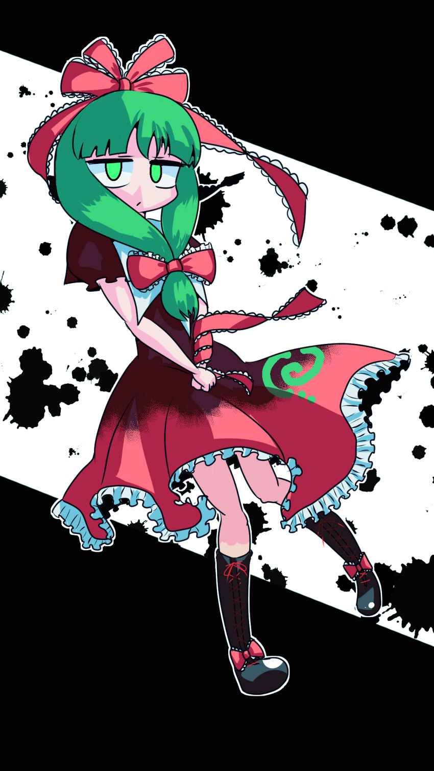 1girl arm_ribbon boots bow cross-laced_footwear dress frilled_dress frills front_ponytail full_body green_eyes green_hair hair_bow hair_ribbon hasiotaichou highres kagiyama_hina looking_at_viewer puffy_short_sleeves puffy_sleeves red_bow red_dress red_ribbon ribbon short_sleeves solo touhou