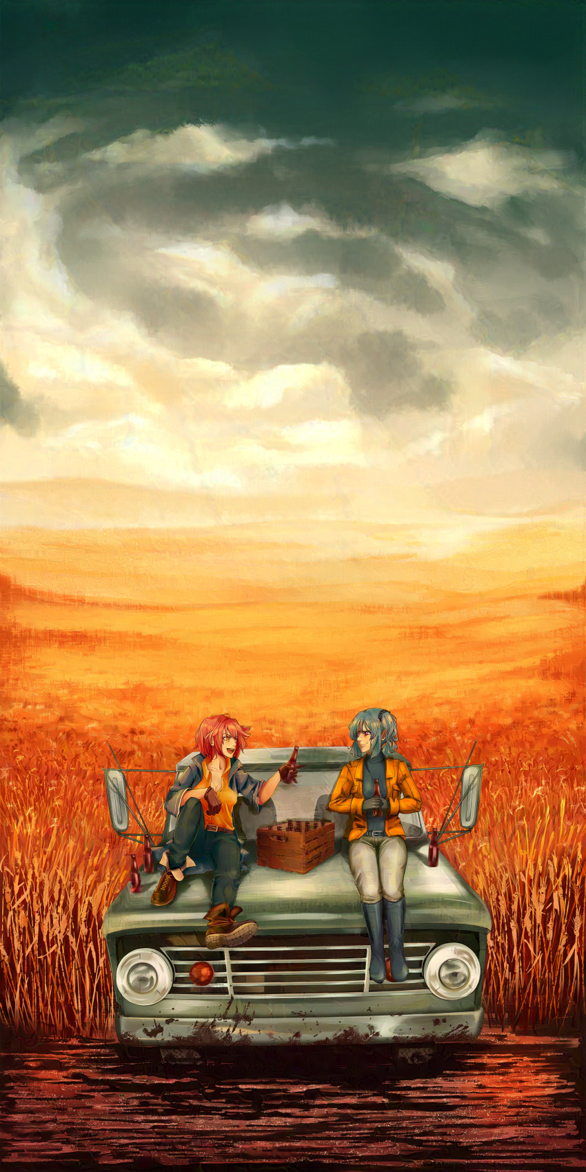 2girls absurdres black_gloves blue_hair boots bottle brown_gloves car claire_rieveldt cloud cloudy_sky commission crate eiyuu_densetsu field gloves highres holding holding_bottle jacket mixed-language_commentary motor_vehicle multiple_girls old_car open_clothes open_jacket pink_hair red_eyes sara_valestein sen_no_kiseki side_ponytail sitting_on_car sky smile spectersticks wheat_field yellow_eyes
