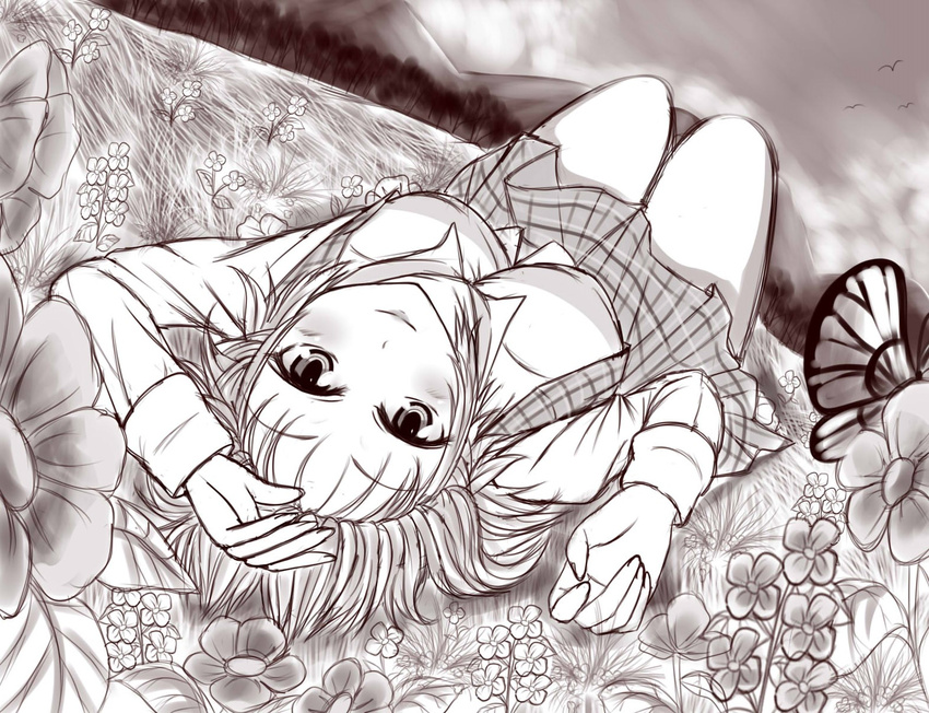 bad_id bad_pixiv_id bare_legs bird blush breasts bug butterfly cloud collared_shirt flower grass greyscale hands highres insect kazami_yuuka lipstick long_sleeves lying makeup medium_breasts monochrome mountain on_grass open_clothes open_vest plaid plaid_skirt plaid_vest shirt sketch skirt smile touhou tree upside-down vest wendell wrist_cuffs