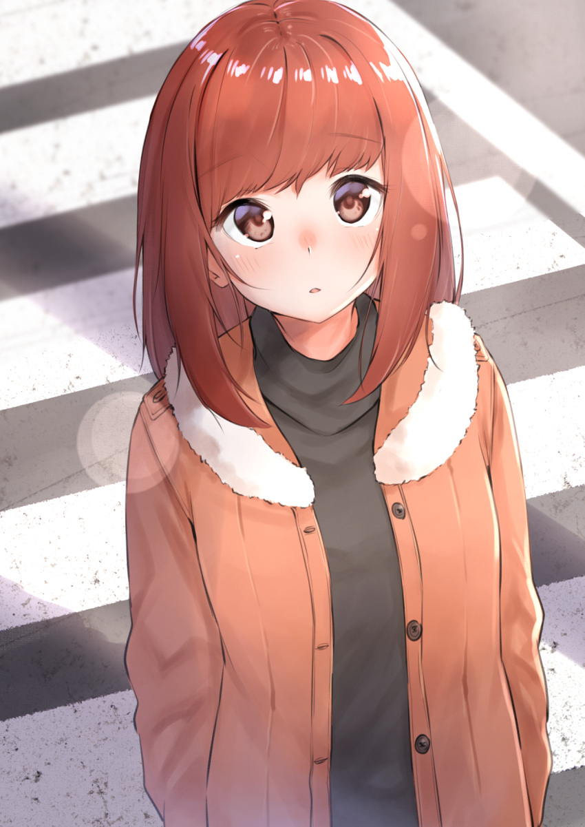 1girl bangs bob_cut brown_eyes brown_hair close-up commentary crosswalk eyebrows_visible_through_hair fur_trim highres jacket medium_hair original outdoors solo turtleneck yuki_arare