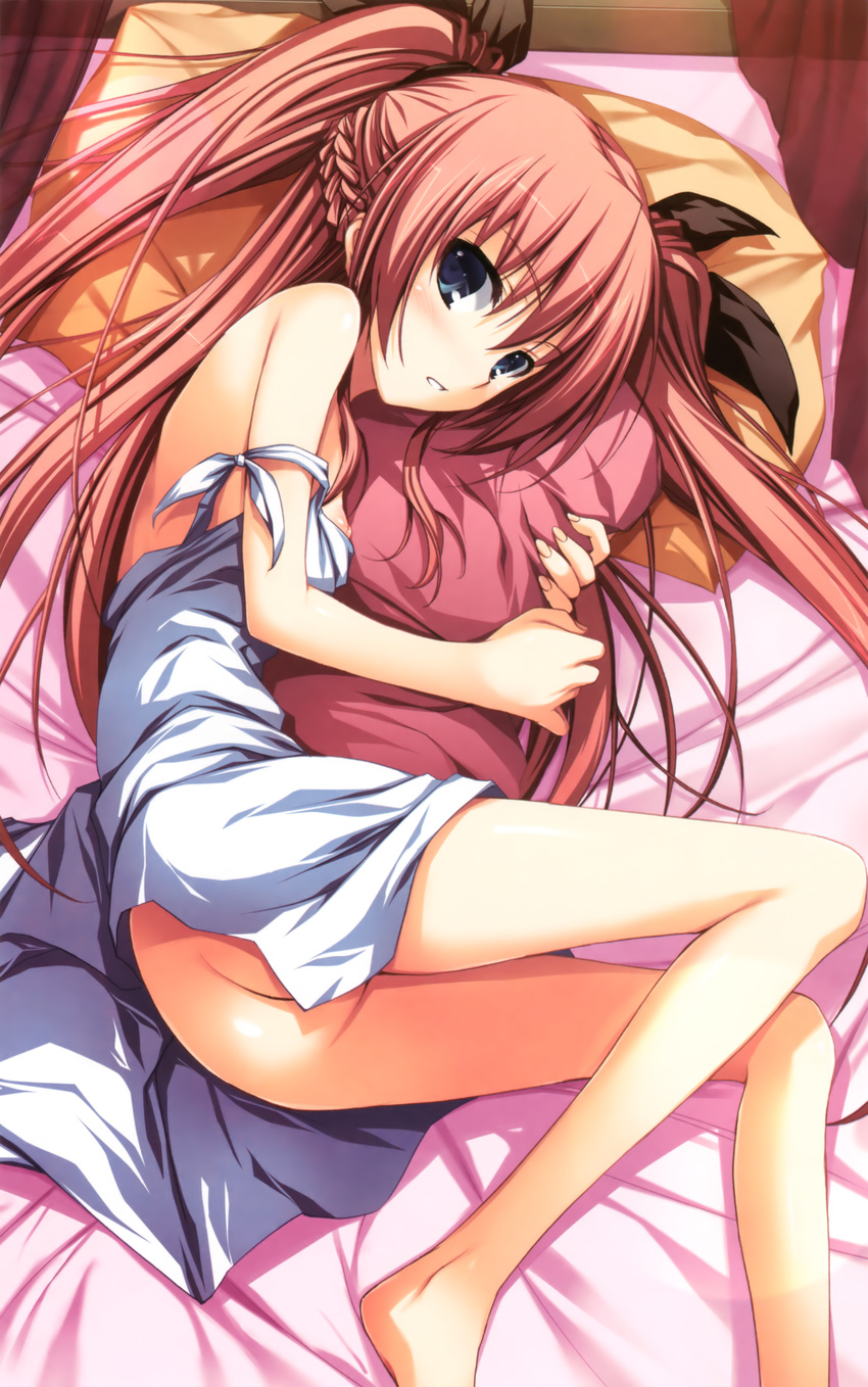 absurdres akatsuki_no_goei ass bare_legs bare_shoulders barefoot blue_eyes bottomless breasts dress fingernails half_updo highres long_fingernails long_hair looking_at_viewer lying nikaidou_reika nipple_slip nipples object_hug on_side pink_hair small_breasts solo strap_slip tomose_shunsaku twintails two_side_up white_dress