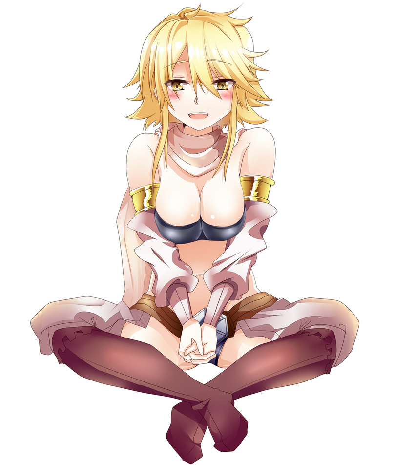 akame_ga_kill! bare_shoulders blonde_hair blush boots breasts detached_sleeves full_body hands_clasped highres large_breasts leone long_hair midriff navel nekoro_(nekokabuto) open_mouth own_hands_together scarf simple_background sitting smile solo strapless teeth tubetop white_background yellow_eyes