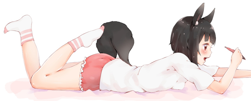 animal_ears bad_id bad_pixiv_id black_hair blush fox_ears fox_tail open_mouth original pen red_eyes rima_(rimarip) short_sleeves socks solo tail