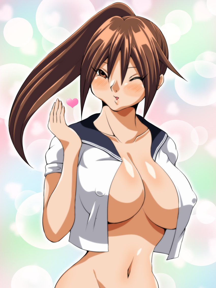 00s 1girl blush breasts brown_eyes brown_hair cleavage erect_nipples eyes_visible_through_hair heart ichigo_100_percent inabakun00 kitaooji_satsuki large_breasts long_hair looking_at_viewer matching_hair/eyes no_bra one_eye_closed open_clothes open_shirt parted_lips ponytail shirt solo upper_body wink