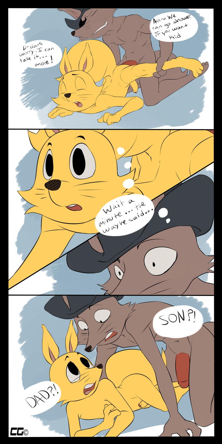 2014 absurd_res accidental_incest anal anal_penetration anthro canine close-up comic crazedg dialog english_text erection eyes_closed father fox from_behind fur gay happy hat headgear hi_res incest kaiketsu_zorori looking_back looking_down looking_up male mammal oops open_mouth parent penetration penis sex smile son teeth text uncut whiskers zorondo_ron zorori zorori's_father zorori's_father