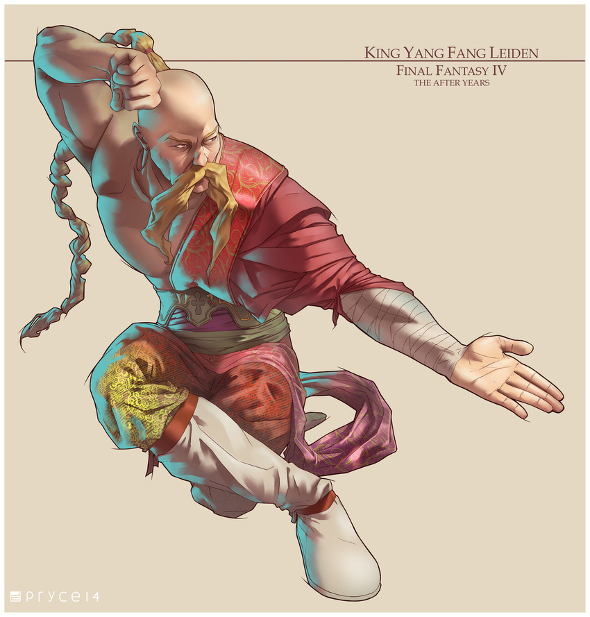 asymmetrical_clothes bald_spot bandages blonde_hair boots braid commentary fighting_stance final_fantasy final_fantasy_iv final_fantasy_iv_the_after highres jamal_campbell knee_boots long_hair male_focus monk muscle single_braid solo yang_fang_leiden