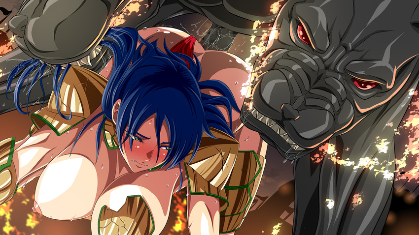 1girl all_fours areolae armor ass bestiality blue_eyes blue_hair blush breasts broken_armor clenched_teeth defeated demon doggystyle fangs fire forced green_eyes hair_grab hanging_breasts helpless highres huge_breasts inja_no_kuruwa knight legs long_hair looking_back monster nipples rape red_eyes saliva sex sweat teeth thighs vaginal