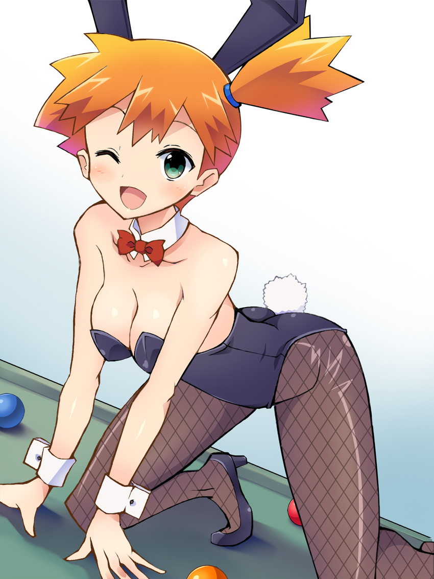 ;d all_fours alternate_costume animal_ears ball bare_shoulders billiards blush bow bowtie breasts bunny_ears bunny_girl bunny_tail bunnysuit chro_(rulurullu) cleavage cue_ball detached_collar fishnet_pantyhose fishnets green_eyes high_heels highres indoors kasumi_(pokemon) looking_at_viewer medium_breasts one_eye_closed open_mouth orange_hair pantyhose pokemon pokemon_(anime) pool_table short_hair side_ponytail smile solo tail unmoving_pattern wrist_cuffs