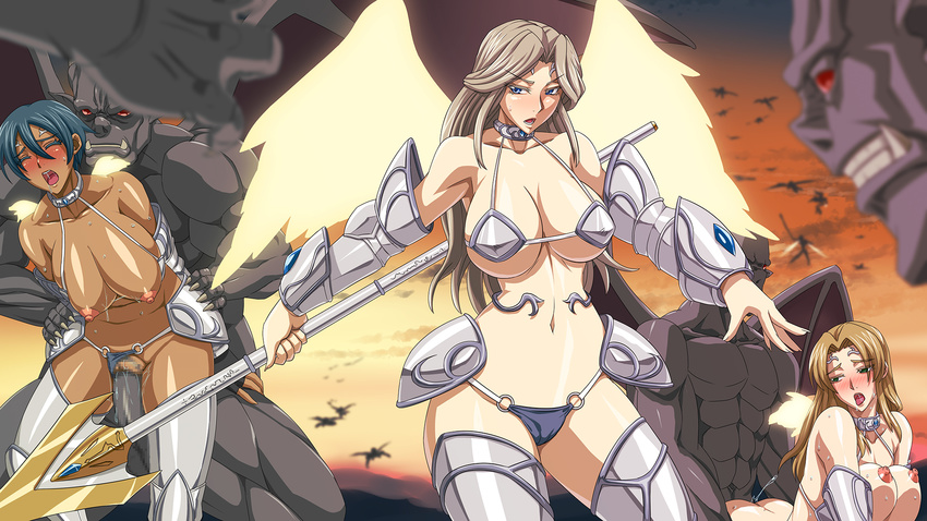 3girls all_fours angel areolae armor bare_shoulders blonde_hair blue_eyes blue_hair blush bouncing_breasts breasts brown_hair censored dark_skin defeated demon doggystyle eyes_closed forced group_sex highres hips huge_breasts inja_no_kuruwa knight knights large_penis legs long_hair looking_aside monster multiple_girls navel nipples open_mouth orgy penis polearm pussy rape red_eyes sex short_hair spear standing sweat sword thighs thong vaginal weapon wings