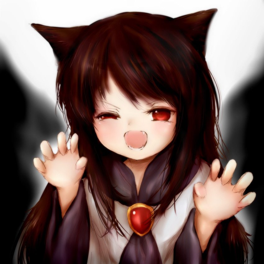 amanojaku animal_ears bad_id bad_pixiv_id brooch brown_hair claw_pose fangs highres imaizumi_kagerou jewelry long_hair long_sleeves open_mouth red_eyes shirt skirt solo tail touhou uneven_eyes upper_body wide_sleeves wolf_ears