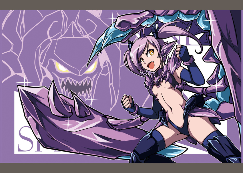 ahoge breasts elbow_gloves fang fingerless_gloves genderswap genderswap_(mtf) gloves highres league_of_legends looking_at_viewer nam_(valckiry) navel open_mouth purple_hair scorpion_girl scorpion_tail sharp_teeth skarner small_breasts solo tail teeth thighhighs twintails yellow_eyes