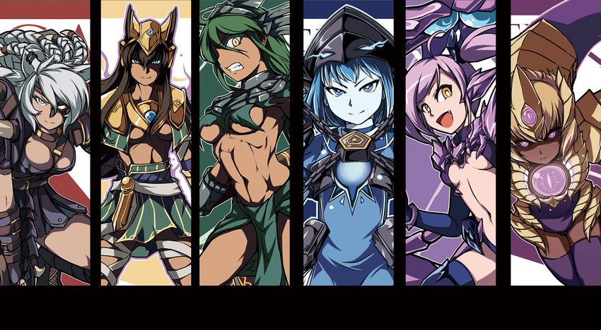 blue_eyes blue_hair brown_hair dark_skin genderswap genderswap_(mtf) green_hair highres league_of_legends long_hair midriff multiple_girls nam_(valckiry) nasus navel personification renekton rengar short_hair skarner vel'koz xerath yellow_eyes