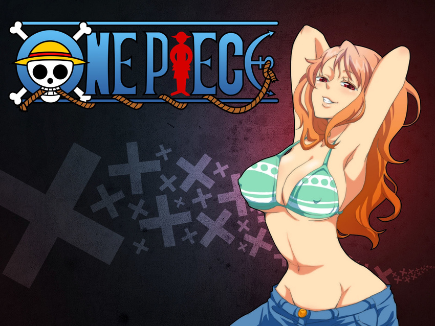 1girl arm_pits armpits arms_above_head arms_up ass back belly belly_button big_breasts blue_shorts bra breasts chest chin cleavage clenched_teeth elbows erect_nipples grin huge_breasts huge_tits large_breasts long_hair looking_at_viewer nami nami_(one_piece) naughty_face navel nipples nose one_piece orange_hair pocket pockets pose posing poster red_eyes sabaody_archipelago sexy shorts shoulders smile stomach teeth thighs underwear wallpaper wavy_hair