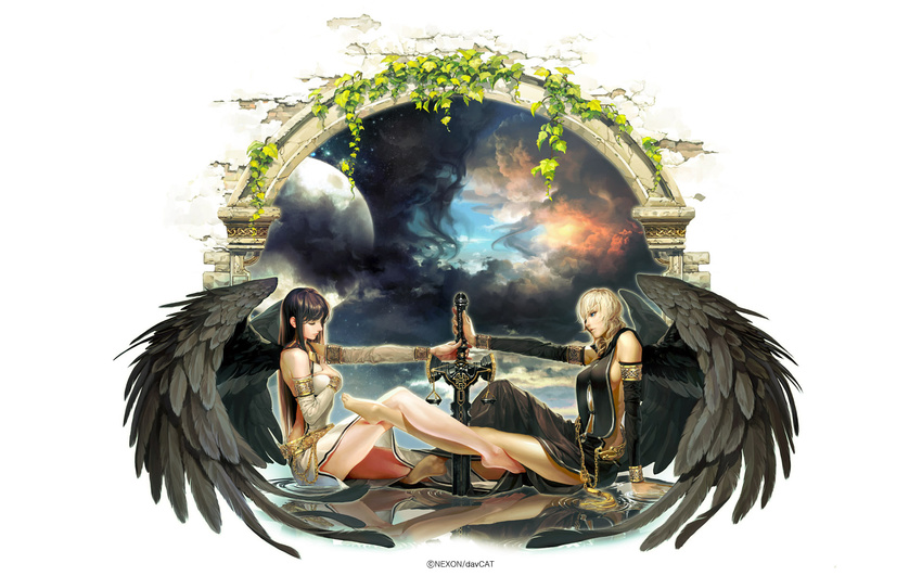 angel_wings armlet balance_scale barefoot black_hair black_wings blonde_hair blue_eyes bracer breasts chain closed_eyes detached_sleeves dress feathers goddess han_ahreum hand_on_own_chest highres jewelry legs long_hair long_legs mabinogi macha_(mabinogi) medium_breasts morrighan multiple_girls neck_ring official_art reflection reflective_floor sideboob sword thighs weapon weighing_scale wings