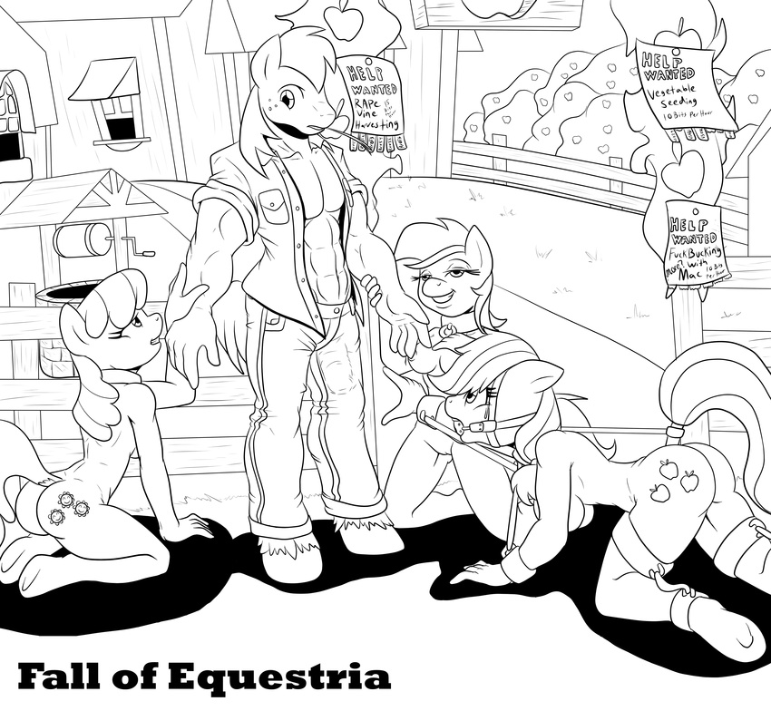 abs anthro anthrofied applejack_(mlp) ball_gag barn big_macintosh_(mlp) black_and_white bridle cheerilee_(mlp) clothing collar cutie_mark earth_pony english_text equine fall_of_equestria female fence friendship_is_magic gag horse kneeling male mammal monochrome muscles my_little_pony nude outside pony poprocks pussy rose_(mlp) shackles slave text tree well wheat