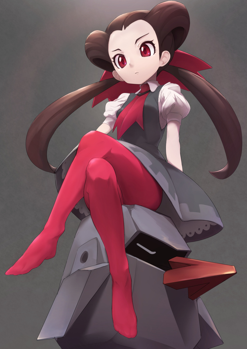 ascot brown_hair crossed_legs dress feet full_body gen_3_pokemon grey_background grey_dress gym_leader hair_ornament hair_pulled_back highres long_hair nanjin no_shoes nosepass pantyhose pink_legwear pokemon pokemon_(creature) pokemon_(game) pokemon_oras red_eyes sitting tsutsuji_(pokemon) twintails