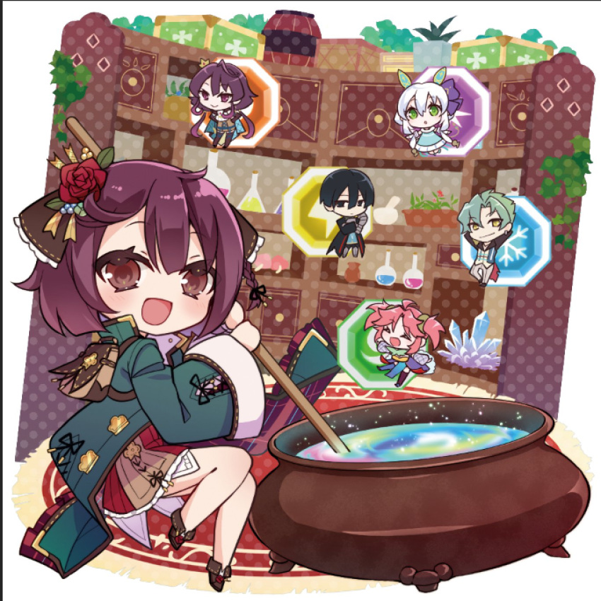 2boys 4girls :d alchemy alette_claretie atelier_(series) atelier_sophie_2 black_hair blue_coat blush brown_eyes cauldron chibi chibi_only coat collared_coat diebold_lewerenz everyone flask flower gameplay_mechanics green_hair grey_hair hair_flower hair_ornament highres holding indoors karasumi_(aiseec) liquid long_coat long_sleeves looking_at_viewer multiple_boys multiple_girls olias_enders open_mouth pink_hair plachta ramizel_erlenmeyer red_hair red_skirt round-bottom_flask shelf short_hair sitting skirt smile solo_focus sophie_neuenmuller