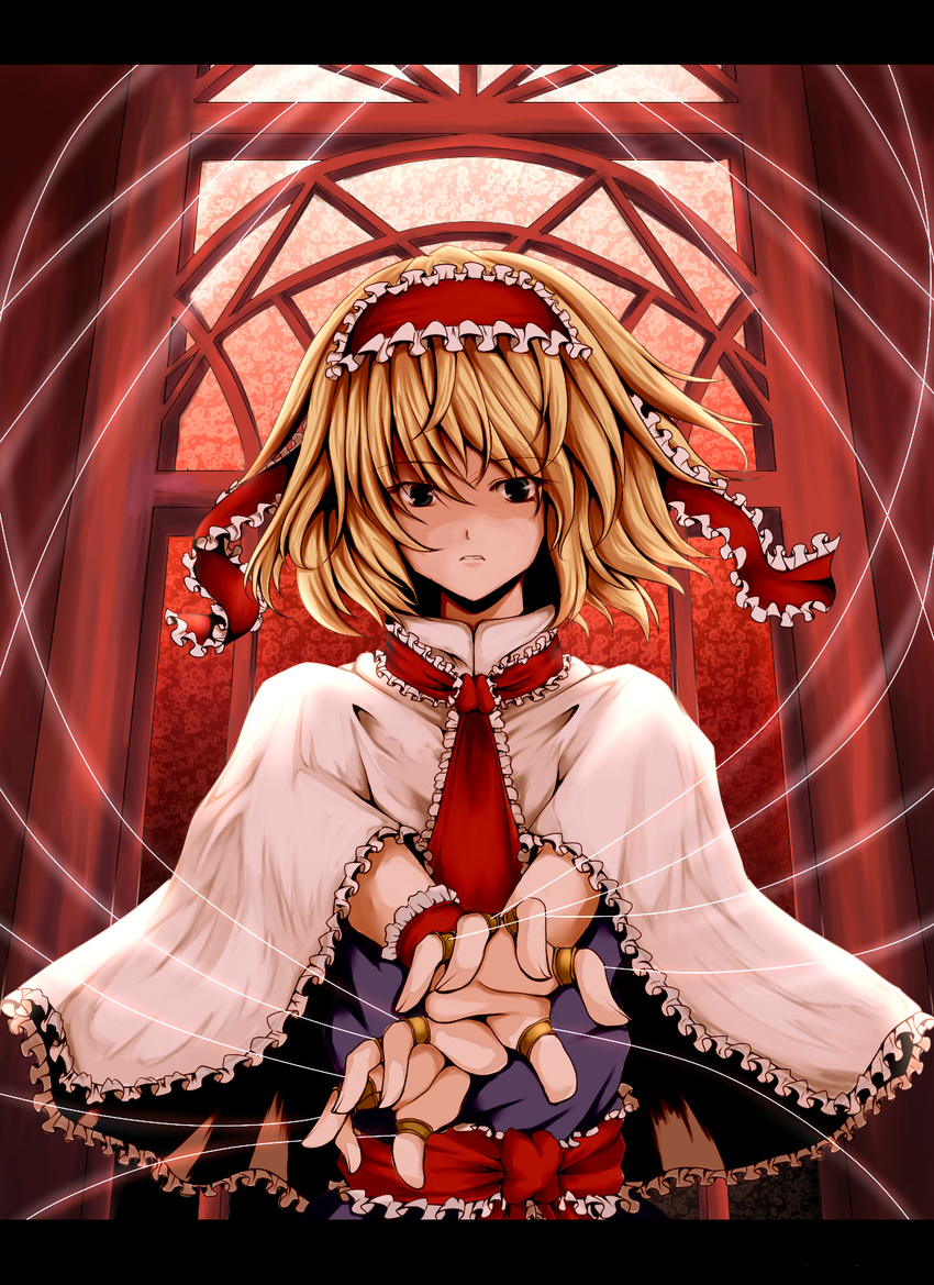 alice_margatroid atami belt blonde_hair bow capelet dress hair_ribbon highres indoors jewelry looking_at_viewer necktie parted_lips red_bow red_neckwear ribbon ring serious short_hair solo stained_glass string touhou upper_body window