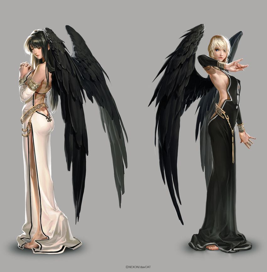 angel_wings armlet ass backless_outfit barefoot black_hair black_wings blonde_hair blue_eyes bracer breasts butt_crack chain closed_eyes detached_sleeves dress feathers goddess hands_clasped hands_on_own_chest highres jewelry long_hair mabinogi macha_(mabinogi) medium_breasts morrighan multiple_girls neck_ring official_art own_hands_together sideboob wings