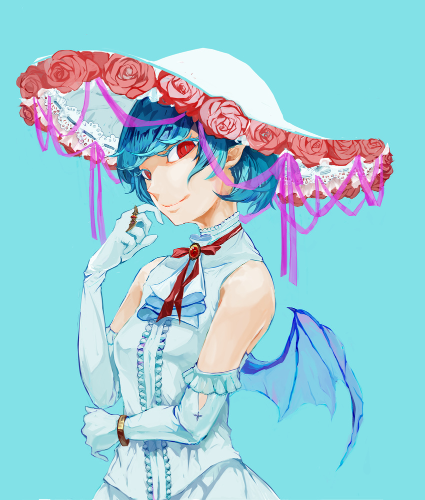 alternate_costume bangle bare_shoulders bat_wings blue_hair bracelet brooch colored_eyelashes elbow_gloves flower gloves hat hat_flower highres jewelry pink_flower pink_rose pointy_ears red_eyes remilia_scarlet ribbon ring rose short_hair sleeveless smile solo touhou ue_toono_(atano) wings