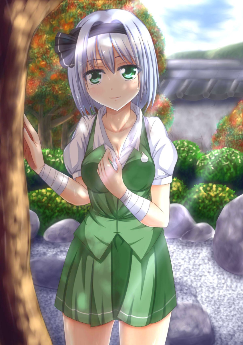 bad_id bad_pixiv_id bandages blue_sky breasts cleavage cloud dappled_sunlight day garden green_eyes hair_ribbon highres konpaku_youmu large_breasts light_smile pond puffy_short_sleeves puffy_sleeves ribbon rock shirt short_sleeves silver_hair skirt skirt_set sky solo sunlight sweat touhou tree vest wall wendell